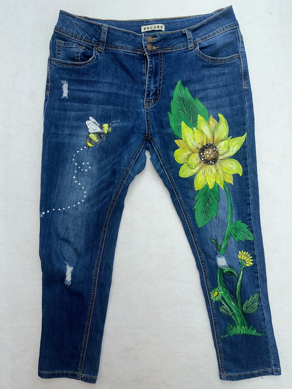 Hand Painted Custom Sunflower & Honeybee Jeans Made to Order, Any Size